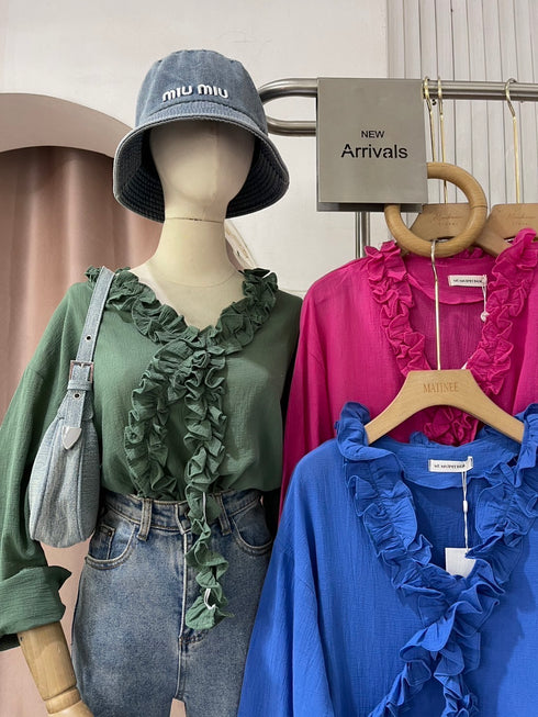 Ruffle Neckline Long Sleeves Tops